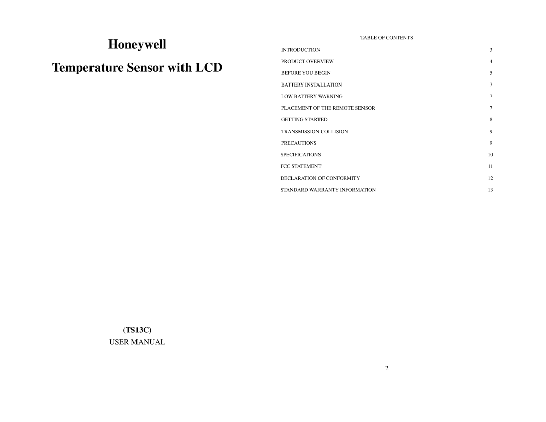 Honeywell TS13C user manual Honeywell Temperature Sensor with LCD 