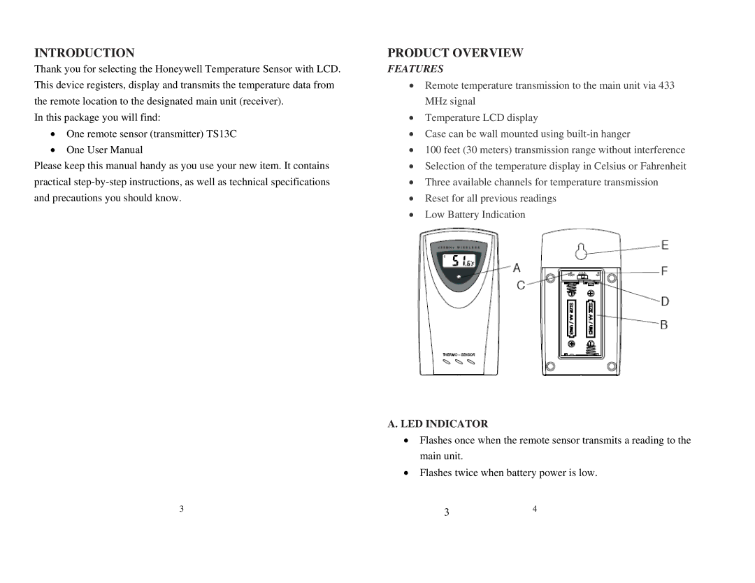 Honeywell TS13C user manual Introduction, Product Overview, LED Indicator 