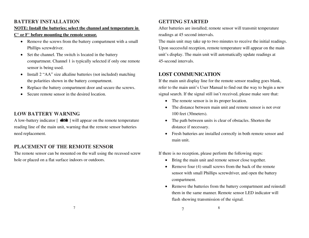 Honeywell TS13C user manual Battery Installation, LOW Battery Warning, Placement of the Remote Sensor, Getting Started 