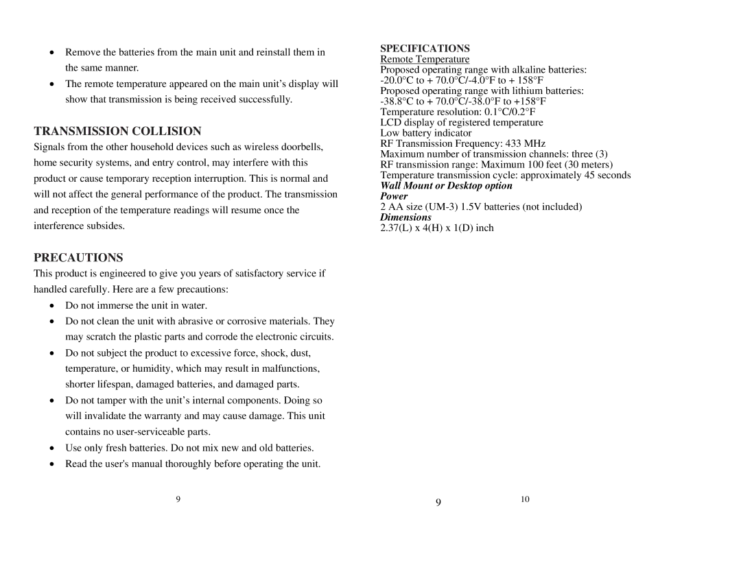 Honeywell TS13C user manual Transmission Collision, Precautions, Specifications 