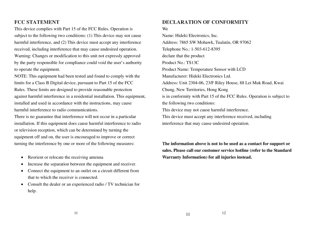 Honeywell TS13C user manual FCC Statement, Declaration of Conformity 