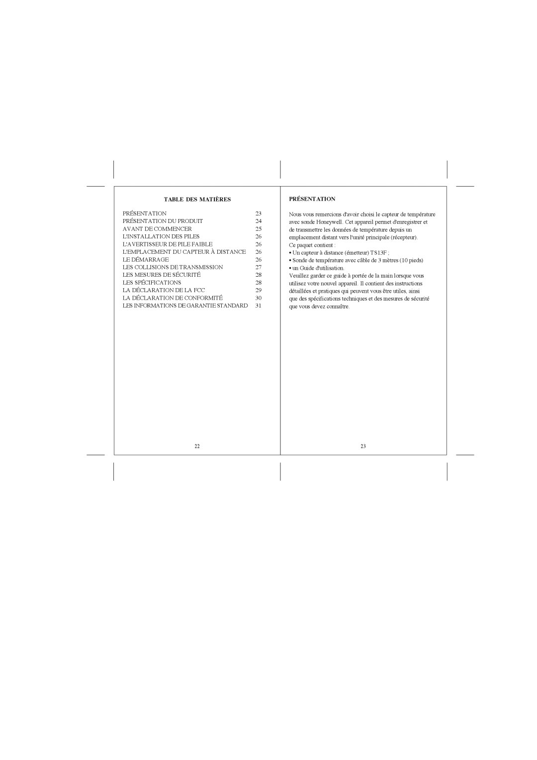 Honeywell TS13F user manual Table DES Matières, Présentation 