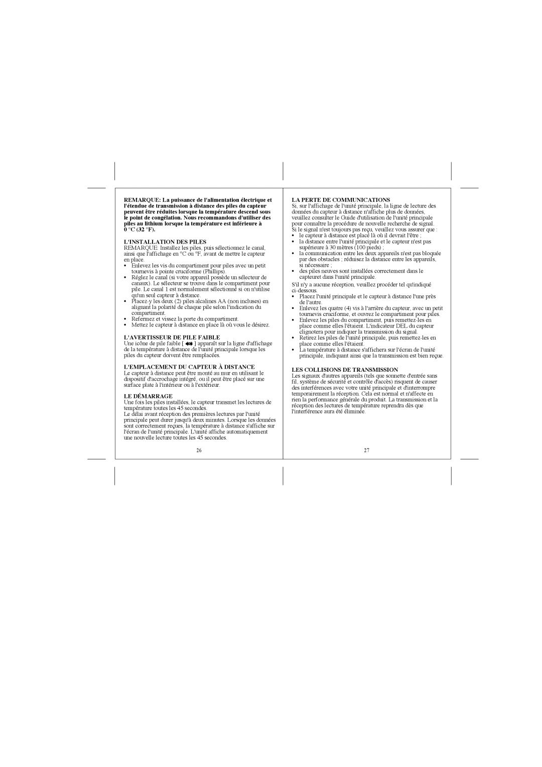 Honeywell TS13F user manual Linstallation DES Piles, Lavertisseur DE Pile Faible, LE Démarrage, LA Perte DE Communications 