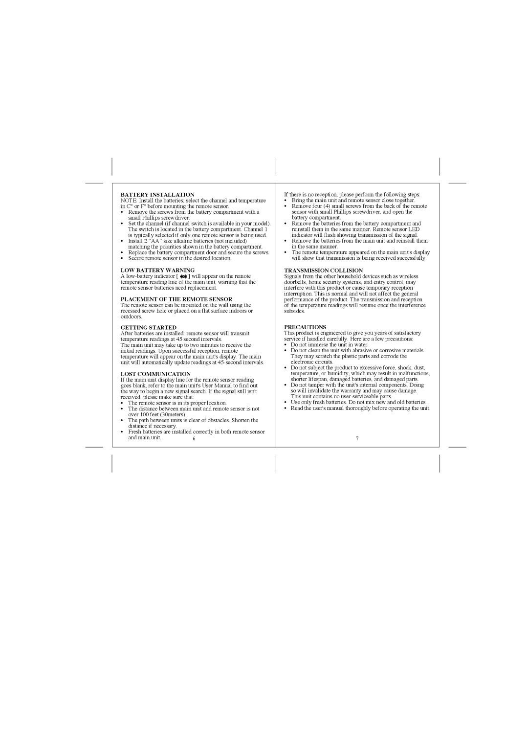 Honeywell TS13F Battery Installation, LOW Battery Warning, Placement of the Remote Sensor, Getting Started, Precautions 