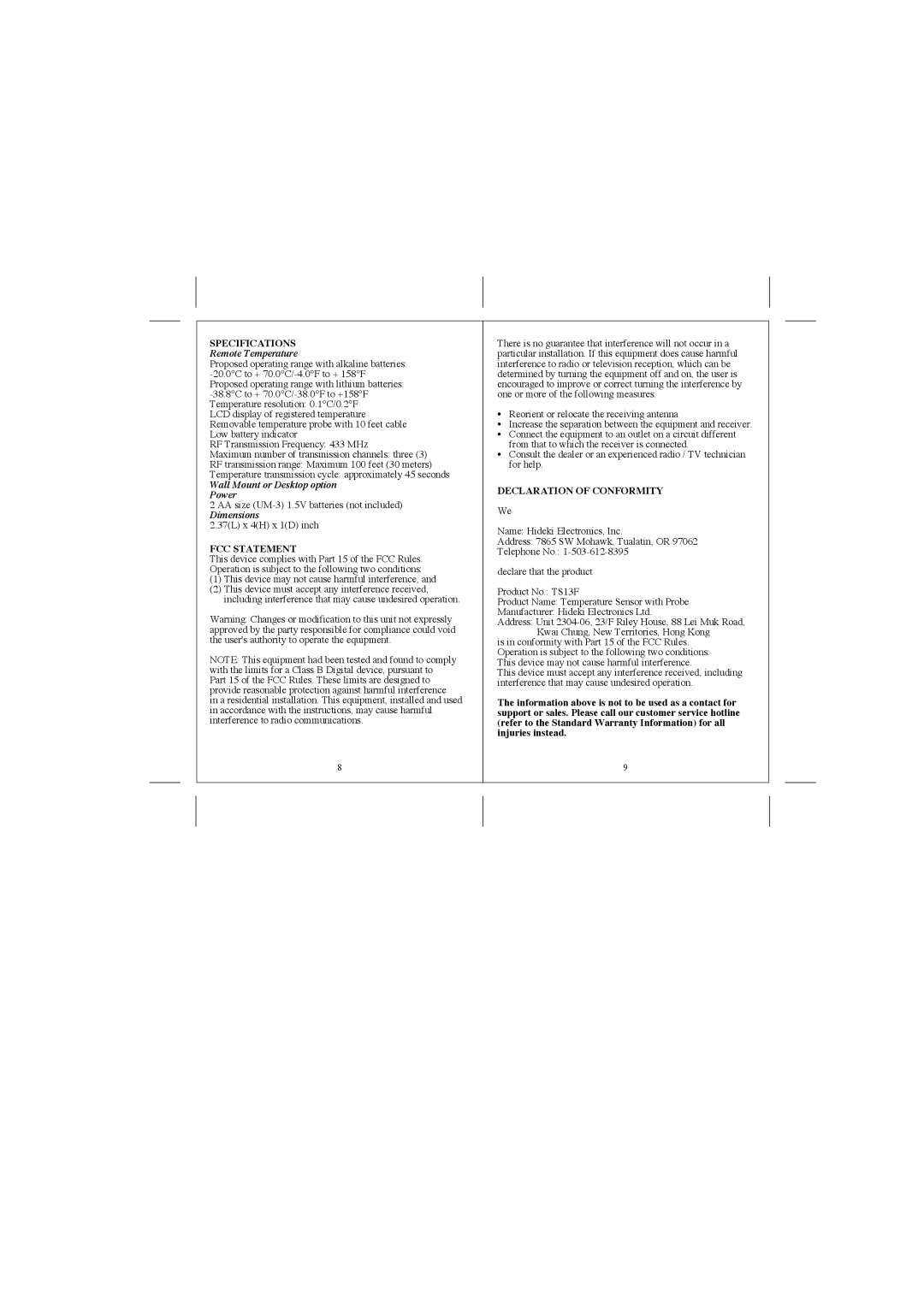 Honeywell TS13F user manual Specifications, FCC Statement, Declaration of Conformity 