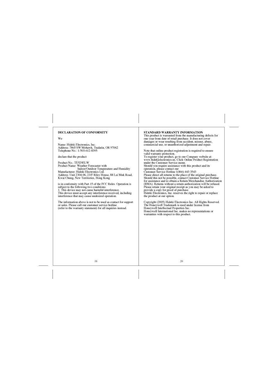 Honeywell TE529ELW, TS33 user manual Declaration of Conformity, Standard Warranty Information 