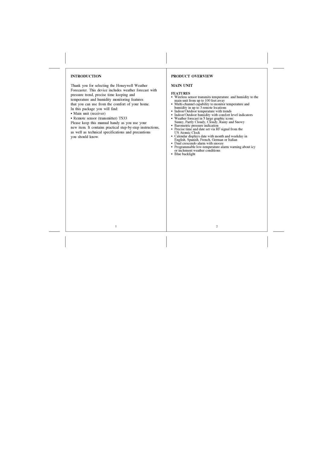 Honeywell TS33, TE529ELW user manual Introduction, Product Overview Main Unit Features 