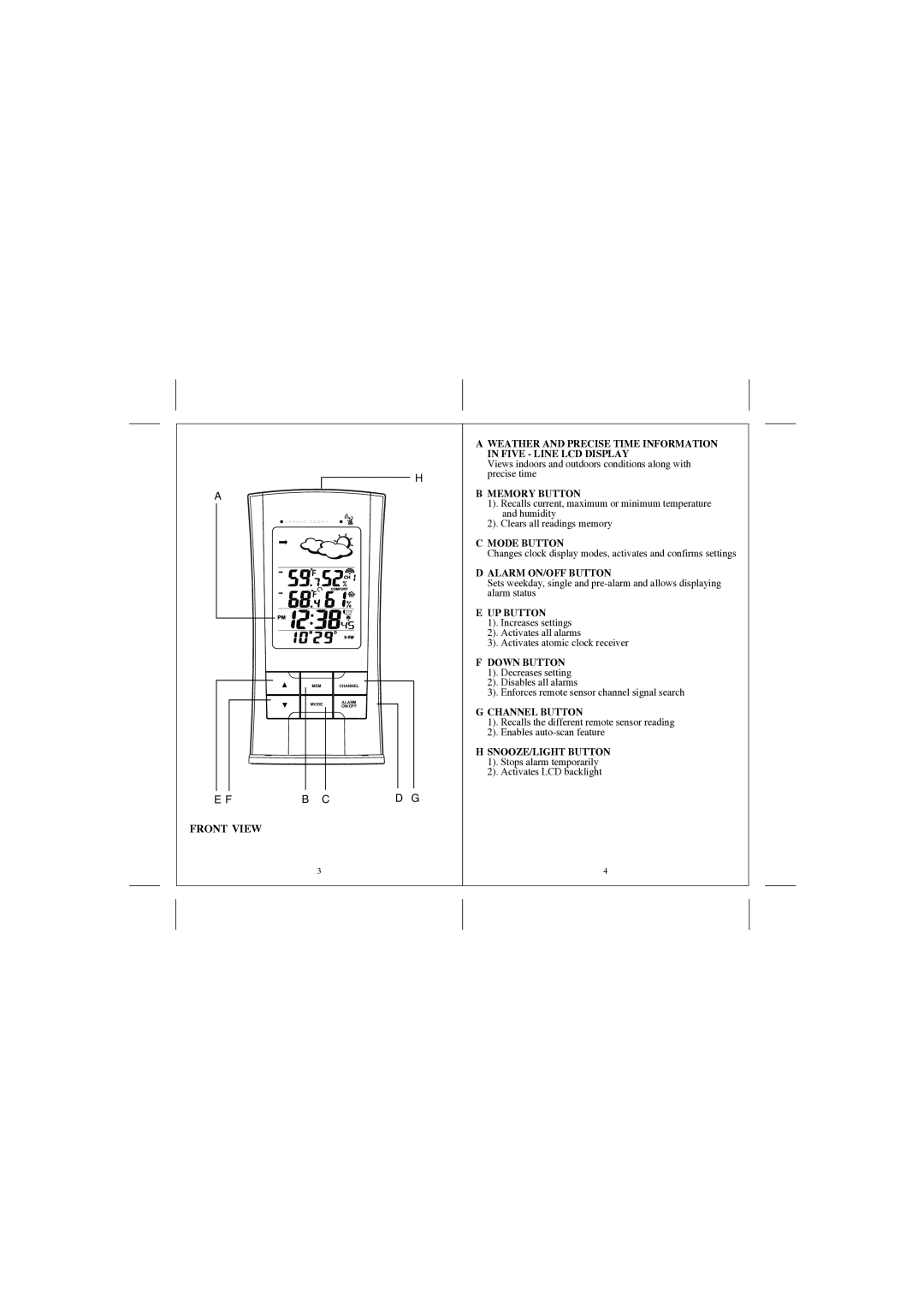 Honeywell TE529ELW, TS33 user manual Memory Button, Mode Button, Alarm ON/OFF Button, UP Button, Down Button, Channel Button 