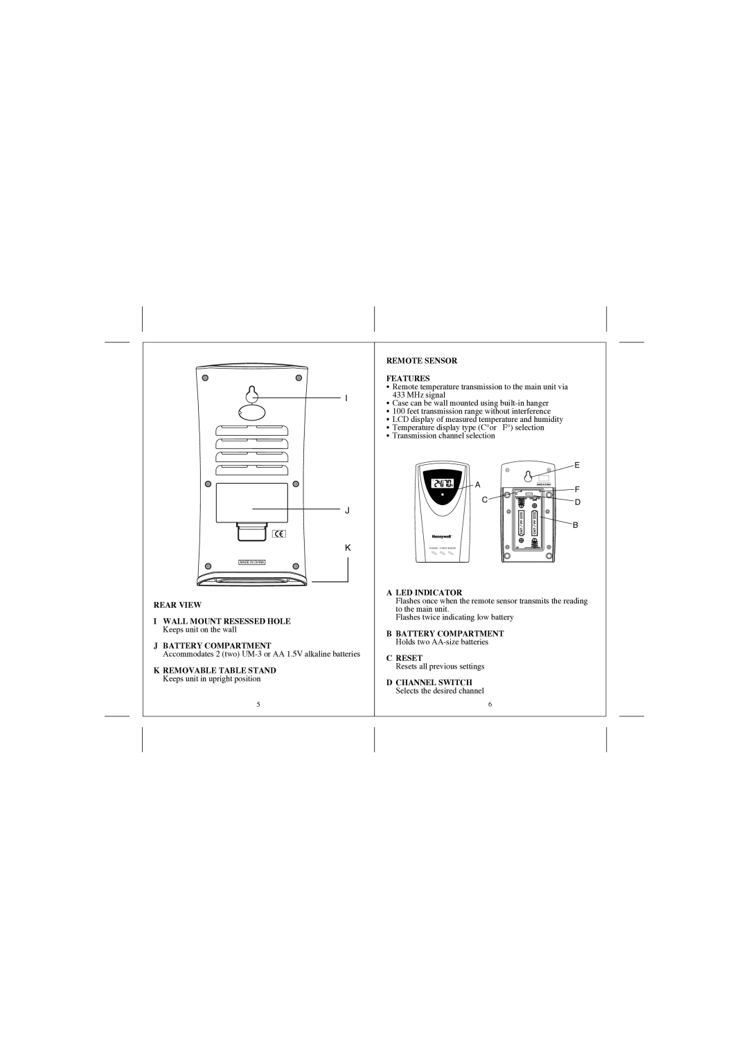 Honeywell TS33, TE529ELW user manual Rear View, Battery Compartment, Remote Sensor Features, LED Indicator, Reset 