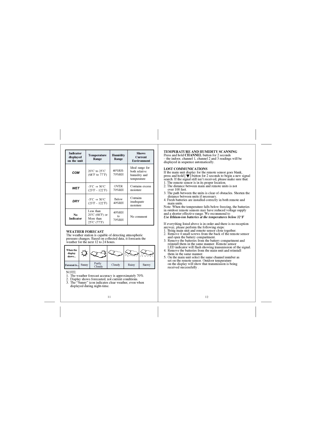 Honeywell TE529ELW, TS33 user manual Weather Forecast, Lost Communications 