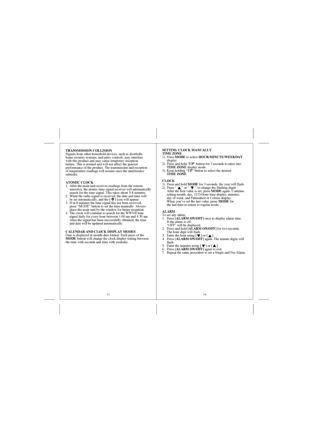 Honeywell TS33 Transmission Collision, Atomic Clock, Calendar and Clock Display Modes, Setting Clock Manually Time Zone 