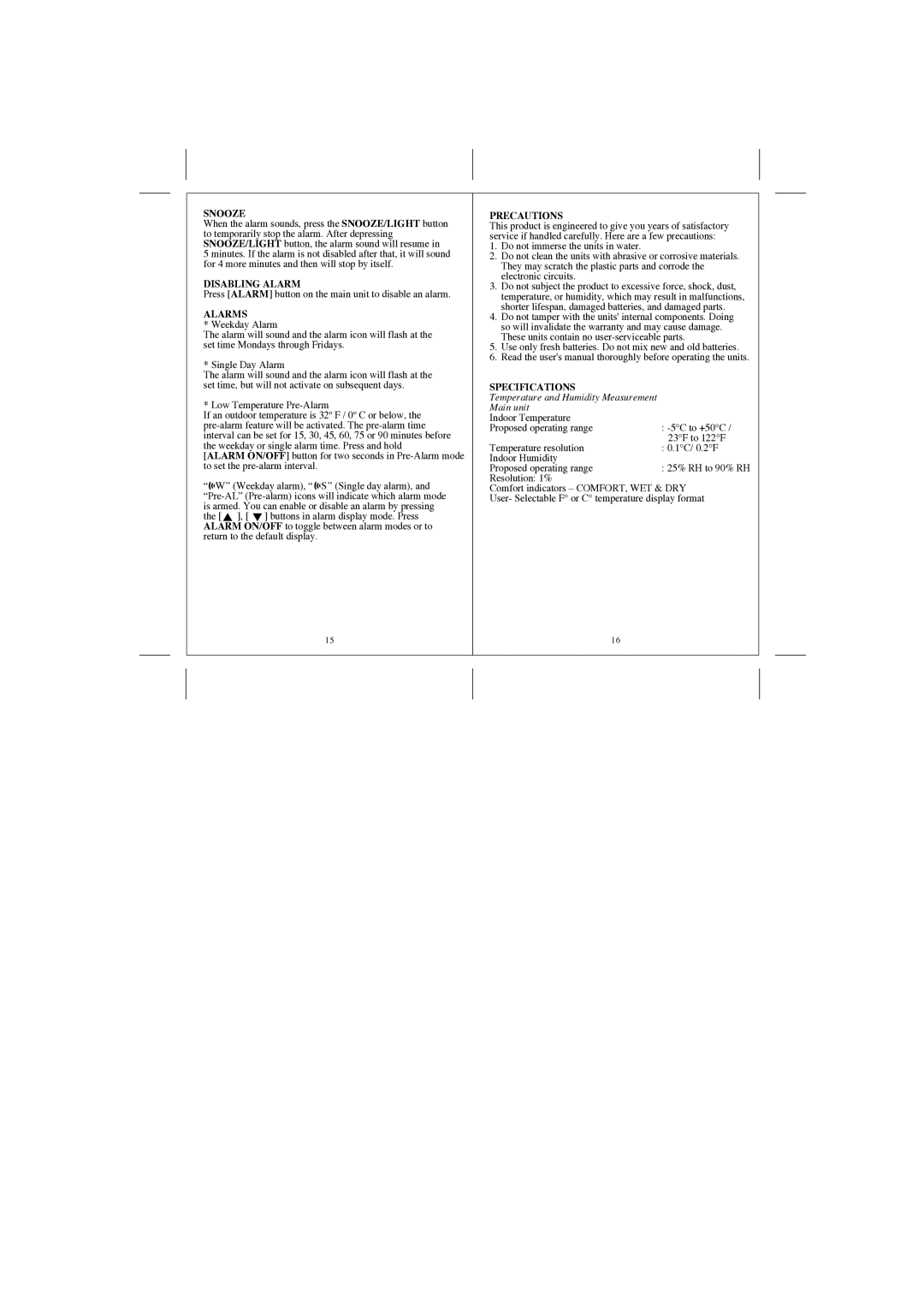 Honeywell TE529ELW, TS33 user manual Snooze, Disabling Alarm, Alarms, Precautions, Specifications 