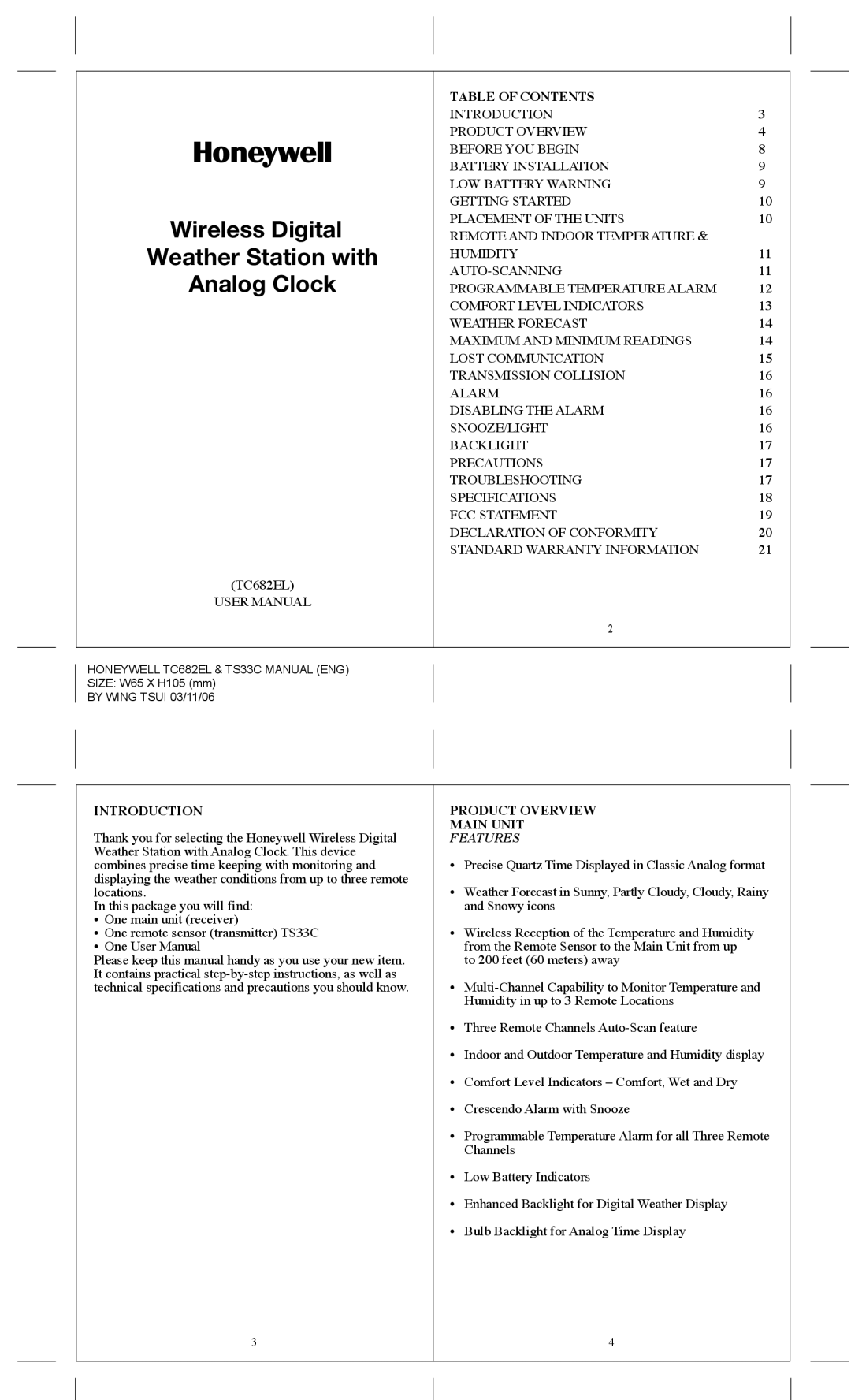 Honeywell TC682EL, TS33C specifications Table of Contents, Introduction Product Overview, Main Unit, Features 