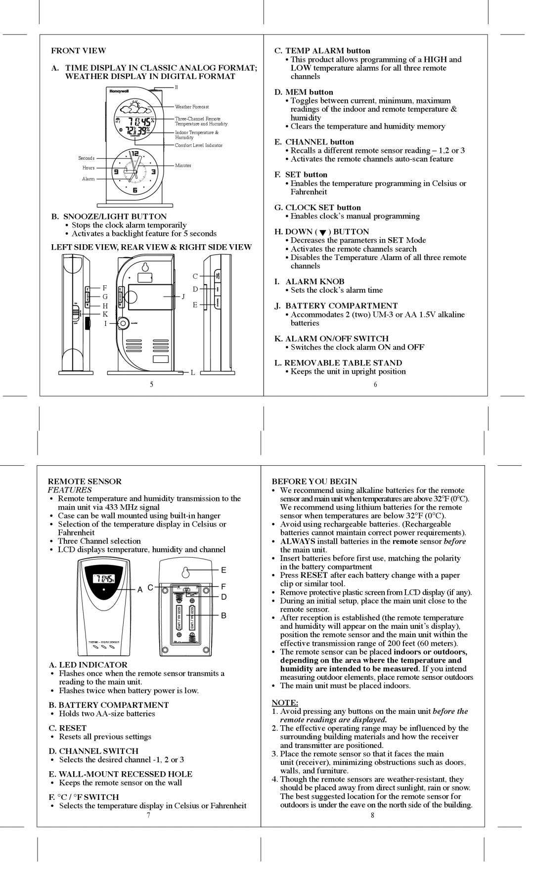 Honeywell TS33C SNOOZE/LIGHT Button, Left Side VIEW, Rear View & Right Side View, Down Button, Alarm Knob, Remote Sensor 