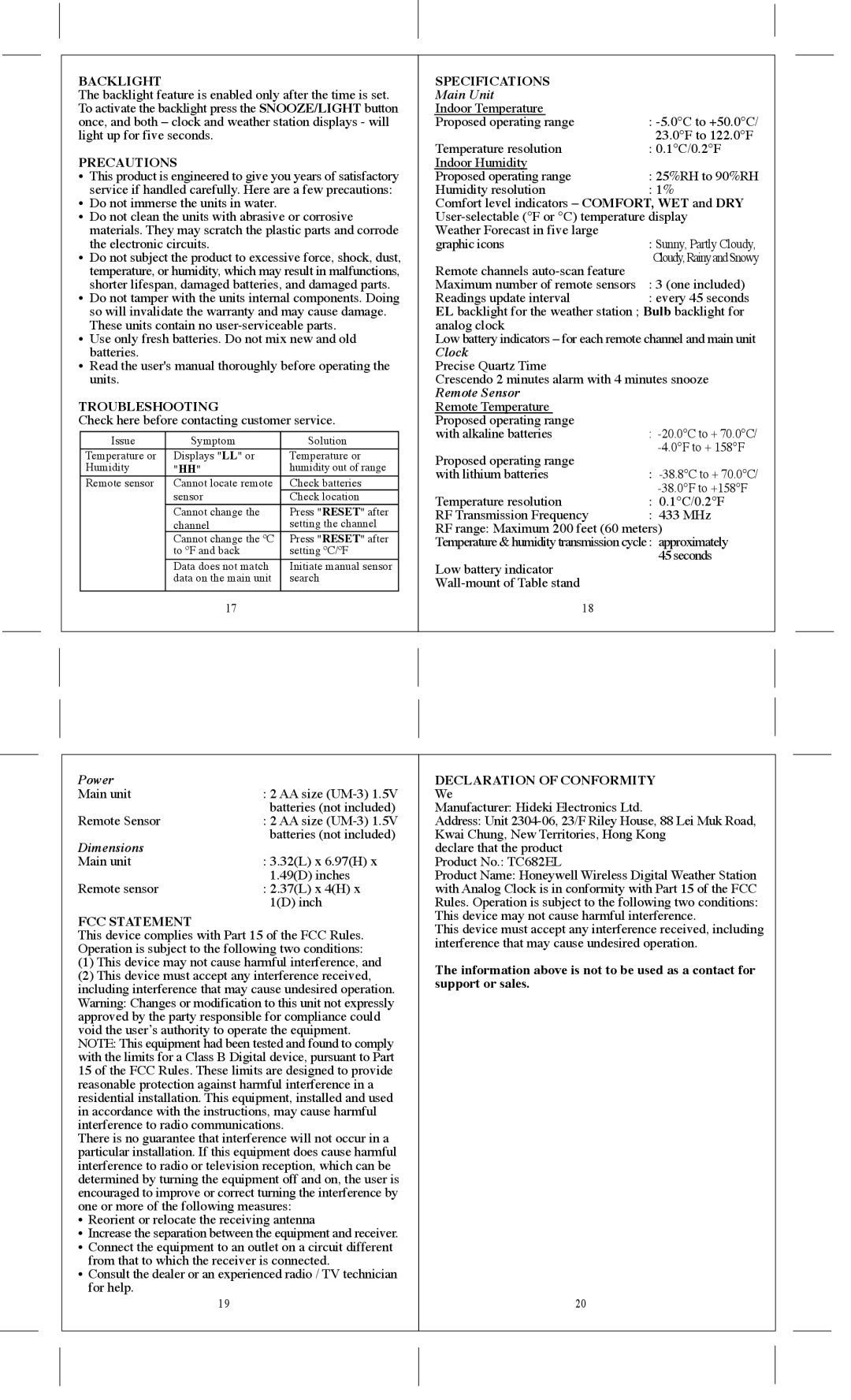 Honeywell TC682EL, TS33C Backlight Specifications, Precautions, Troubleshooting, Declaration of Conformity, FCC Statement 