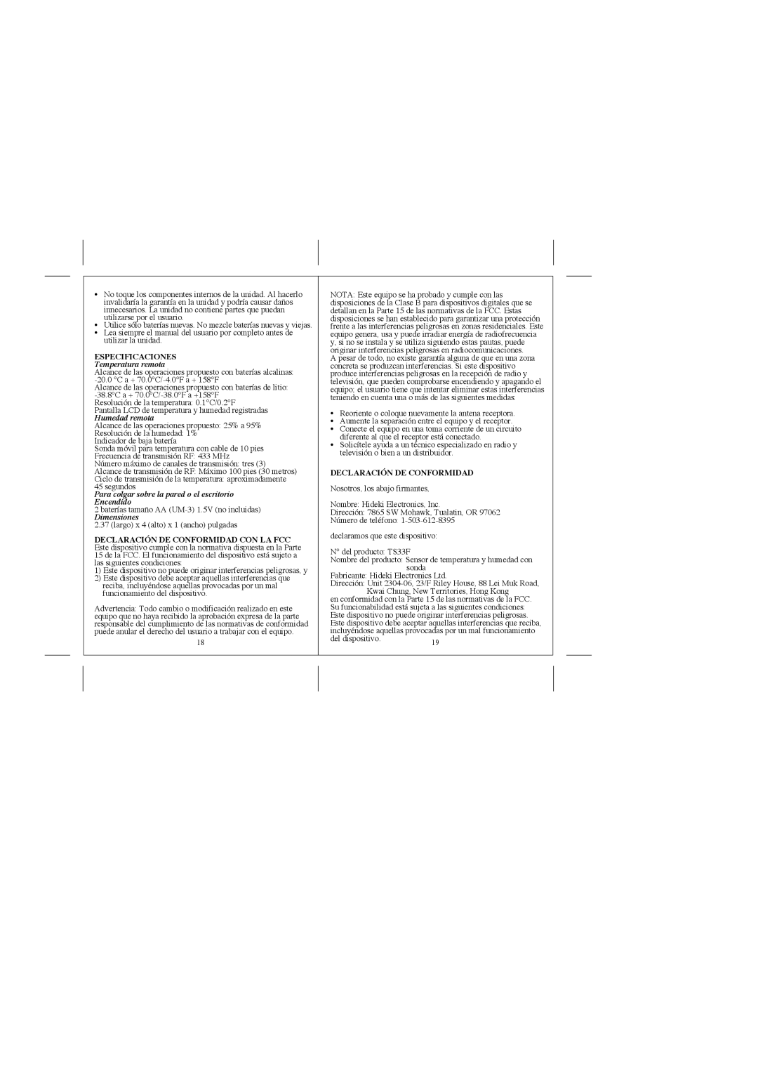 Honeywell TS33F user manual Especificaciones, Declaración DE Conformidad 