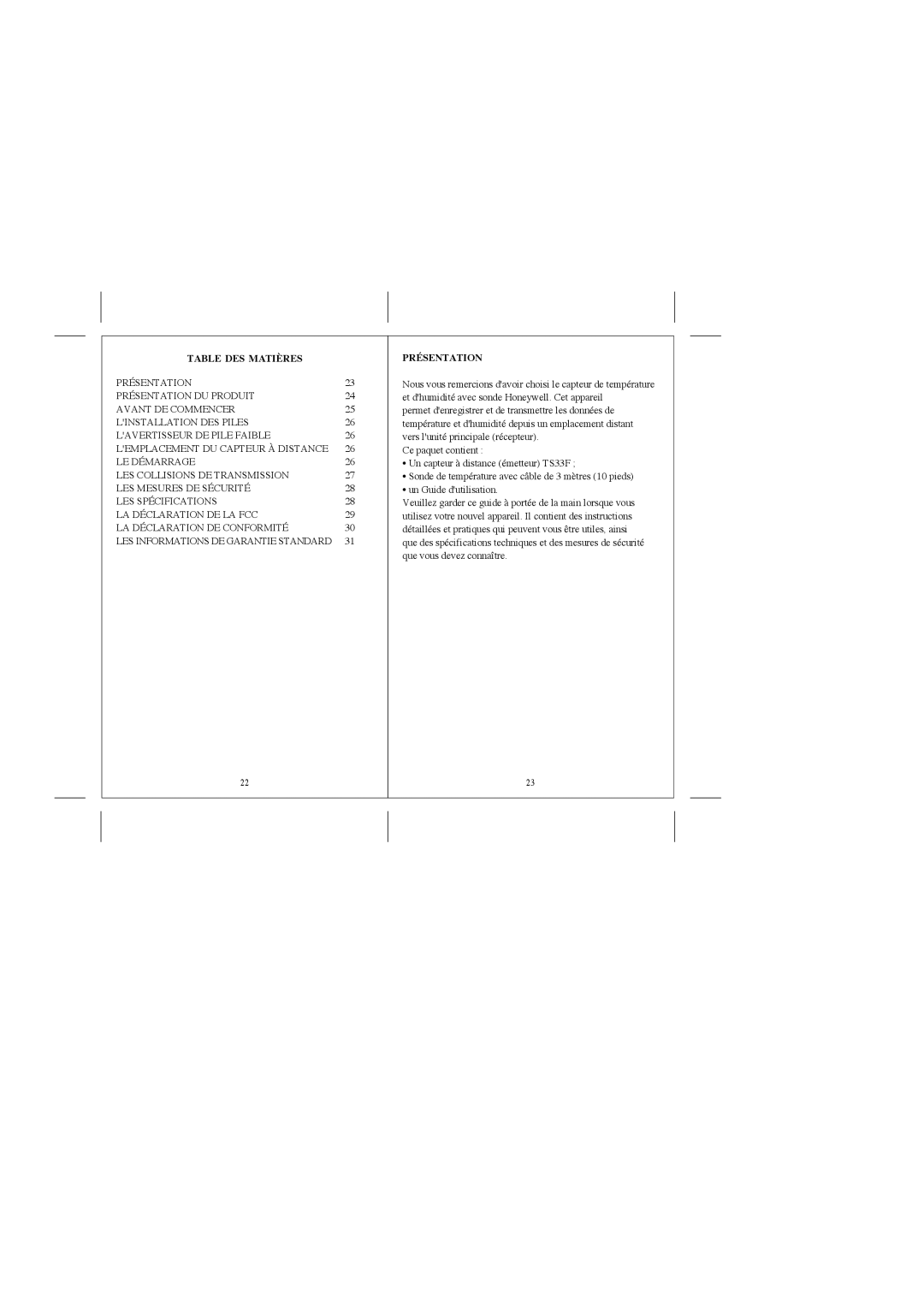 Honeywell TS33F user manual Table DES Matières, Présentation 