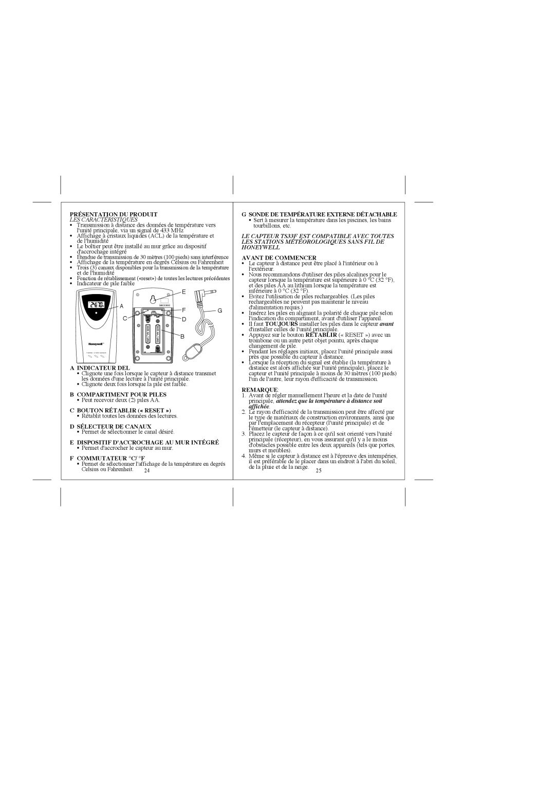 Honeywell TS33F Présentation DU Produit, Indicateur DEL, Compartiment Pour Piles, Bouton Rétablir « Reset », Remarque 