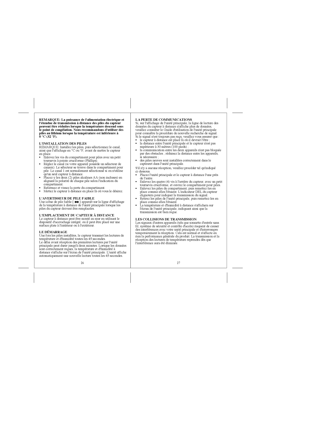 Honeywell TS33F user manual Linstallation DES Piles, Lavertisseur DE Pile Faible, LE Démarrage, LA Perte DE Communications 