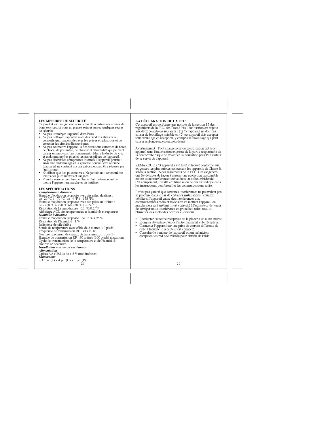 Honeywell TS33F user manual LES Mesures DE Sécurité, LES Spécifications, LA Déclaration DE LA FCC 