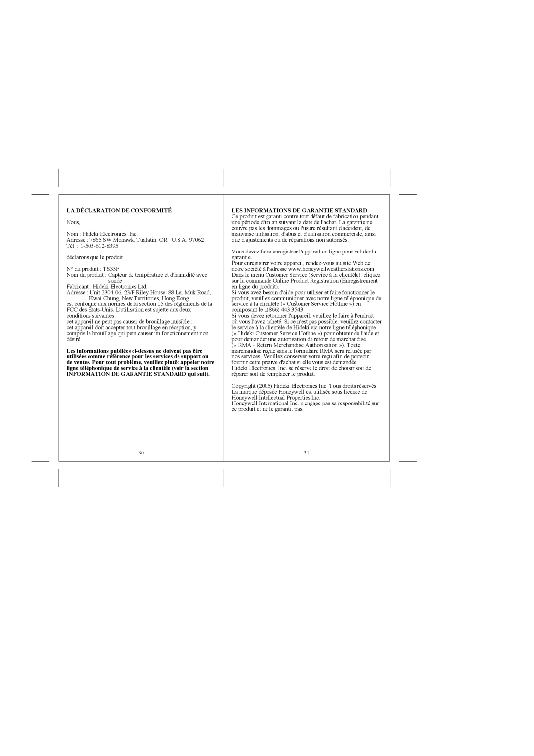 Honeywell TS33F user manual LA Déclaration DE Conformité, LES Informations DE Garantie Standard 