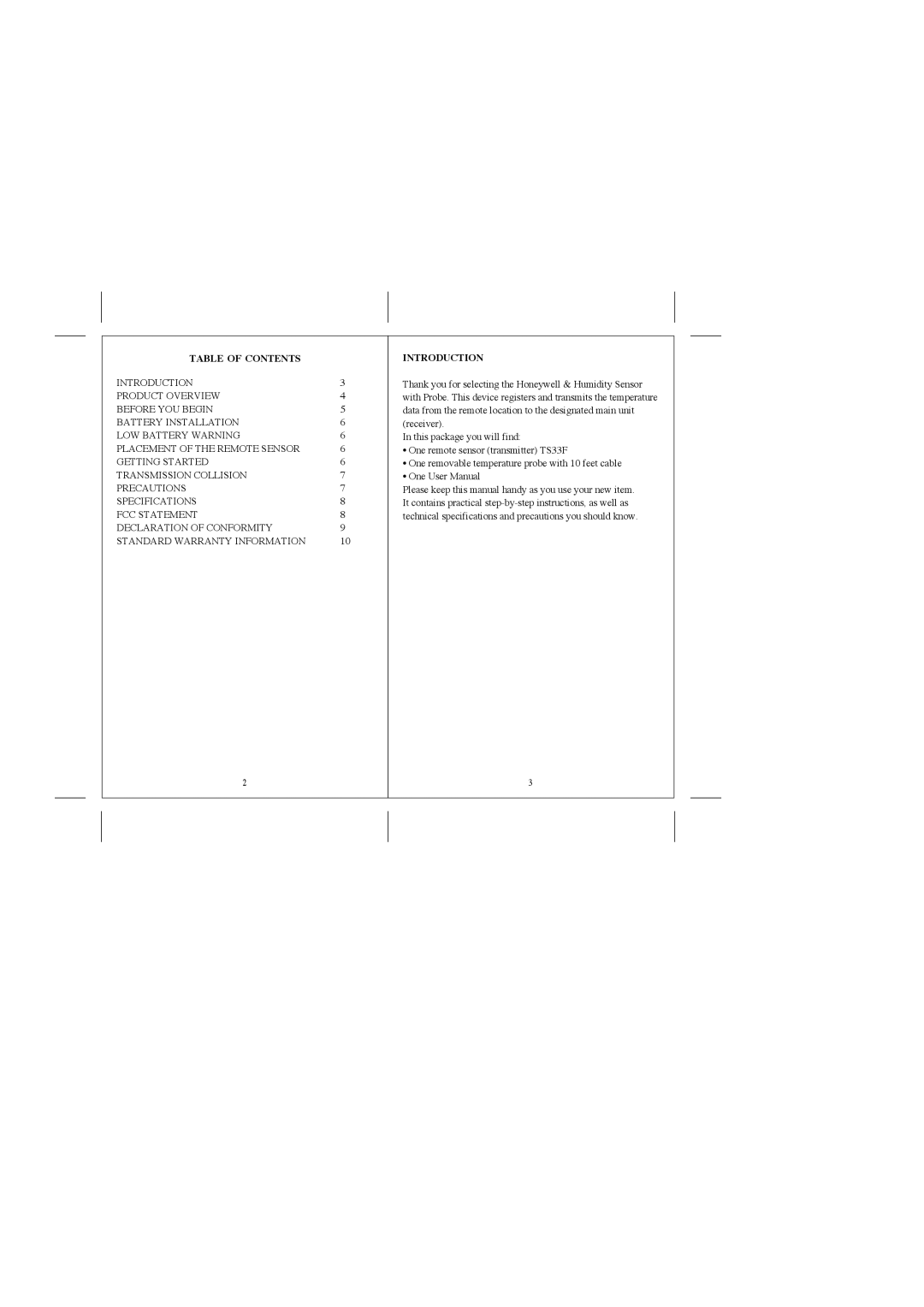 Honeywell TS33F user manual Table of Contents, Introduction 