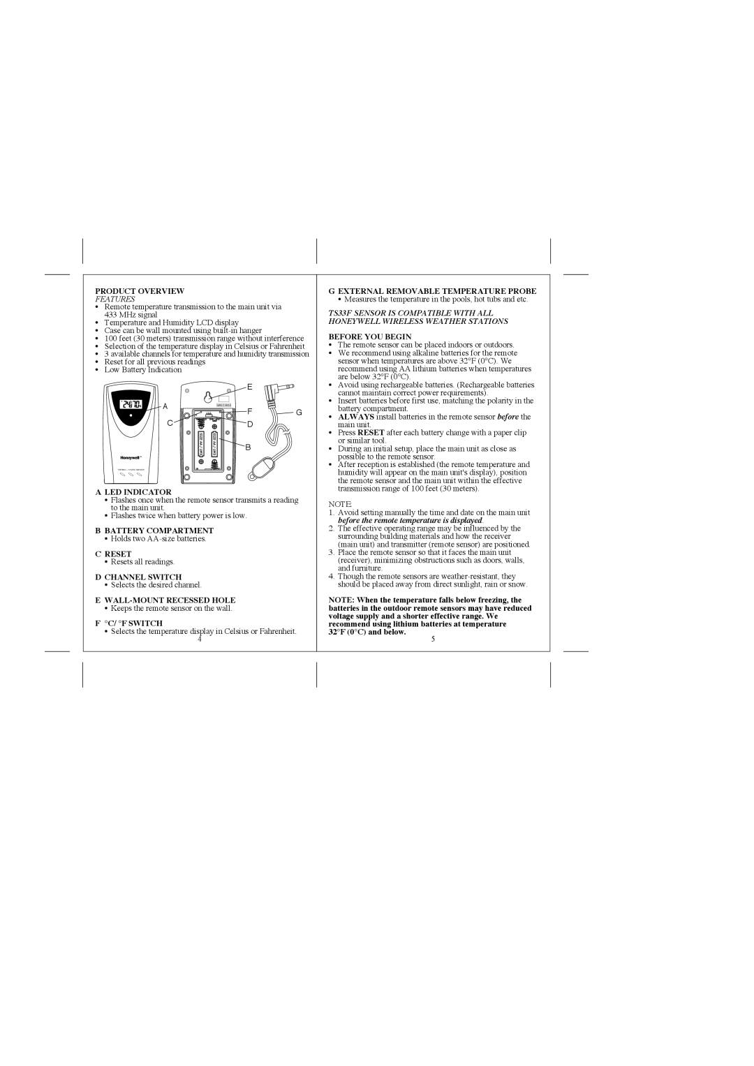 Honeywell TS33F Product Overview, LED Indicator, Battery Compartment, Reset, Channel Switch, WALL-MOUNT Recessed Hole 