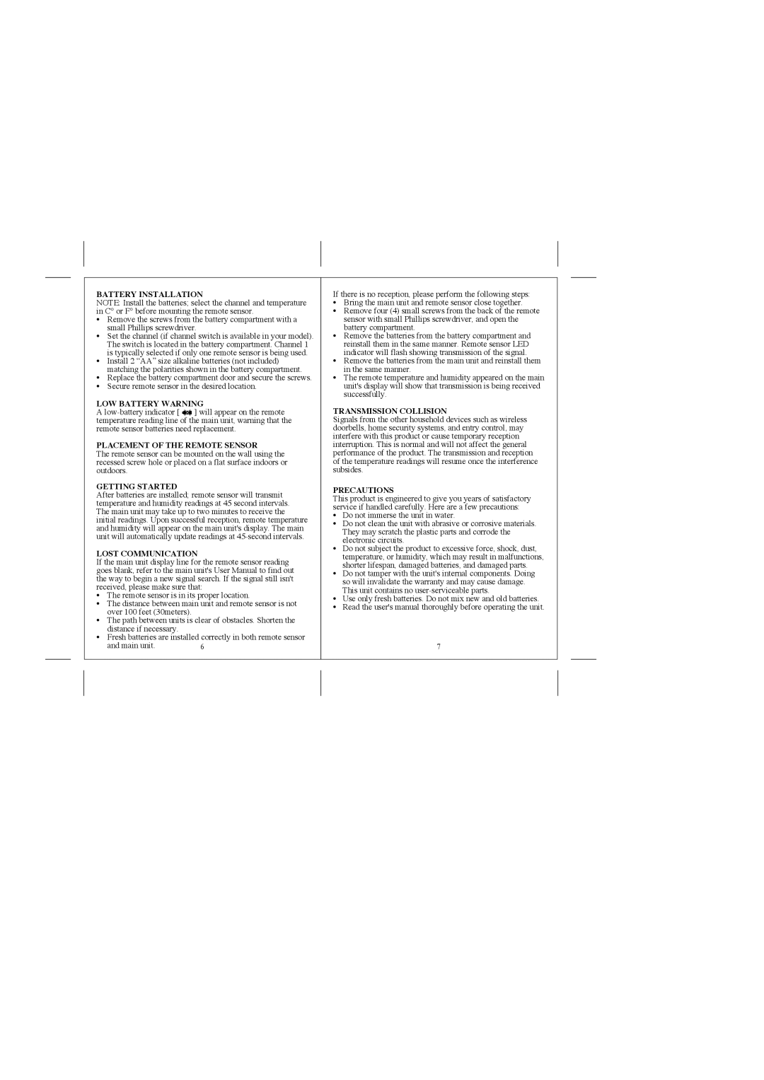 Honeywell TS33F Battery Installation, LOW Battery Warning, Placement of the Remote Sensor, Getting Started, Precautions 
