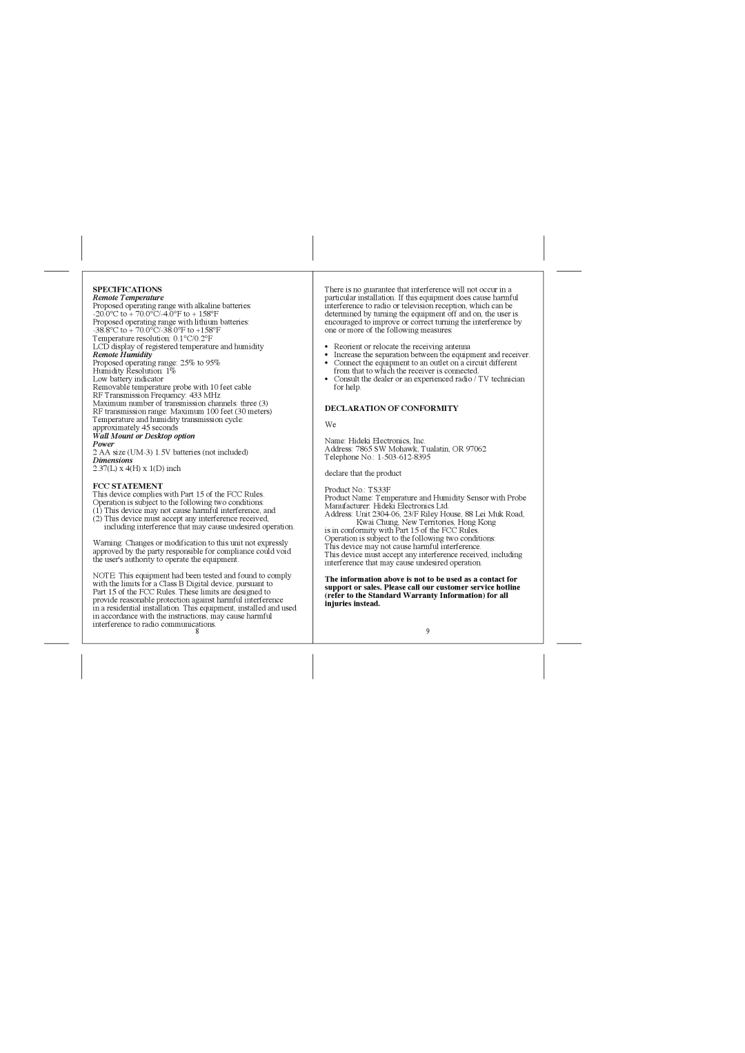 Honeywell TS33F user manual Specifications, FCC Statement, Declaration of Conformity 