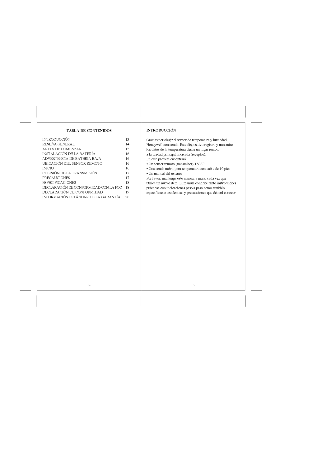 Honeywell TS33F user manual Tabla DE Contenidos, Introducción 