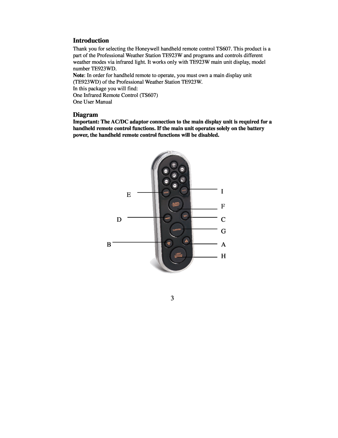 Honeywell TS607 user manual Diagram, Introduction, E F Dc G B A H 