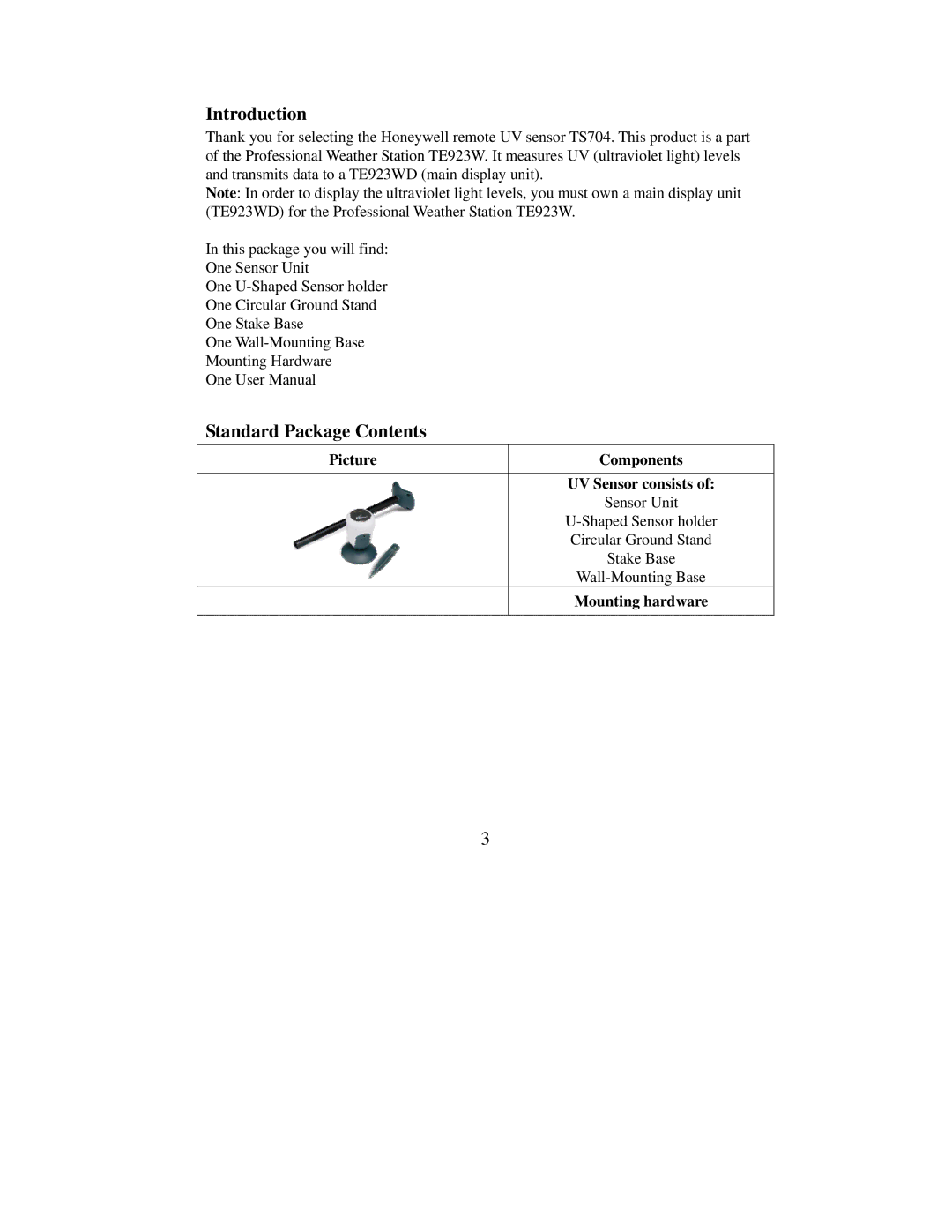 Honeywell TE923WD, TS704 user manual Picture Components UV Sensor consists, Mounting hardware 