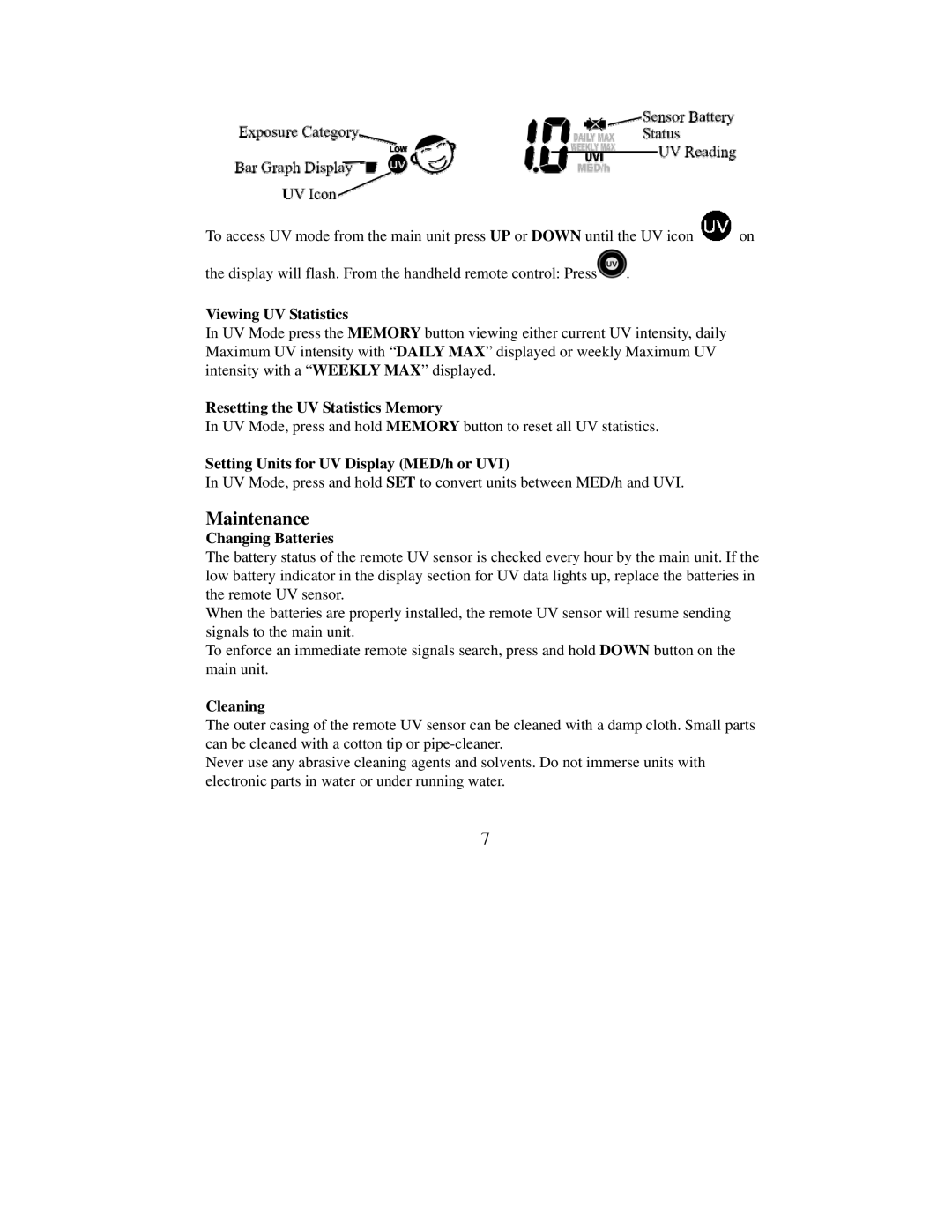 Honeywell TE923WD Viewing UV Statistics, Resetting the UV Statistics Memory, Setting Units for UV Display MED/h or UVI 