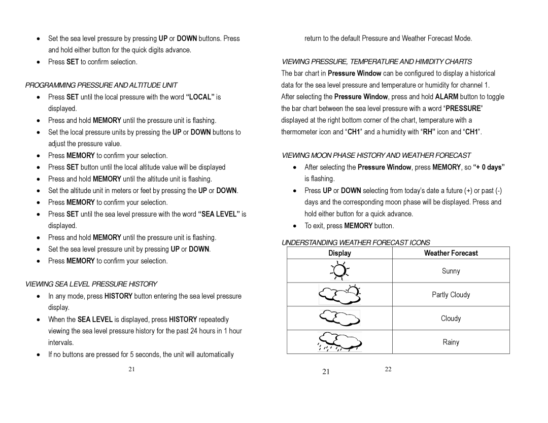 Honeywell TE852W, TS815, TE852ELW user manual Programming Pressure and Altitude Unit, Viewing SEA Level Pressure History 