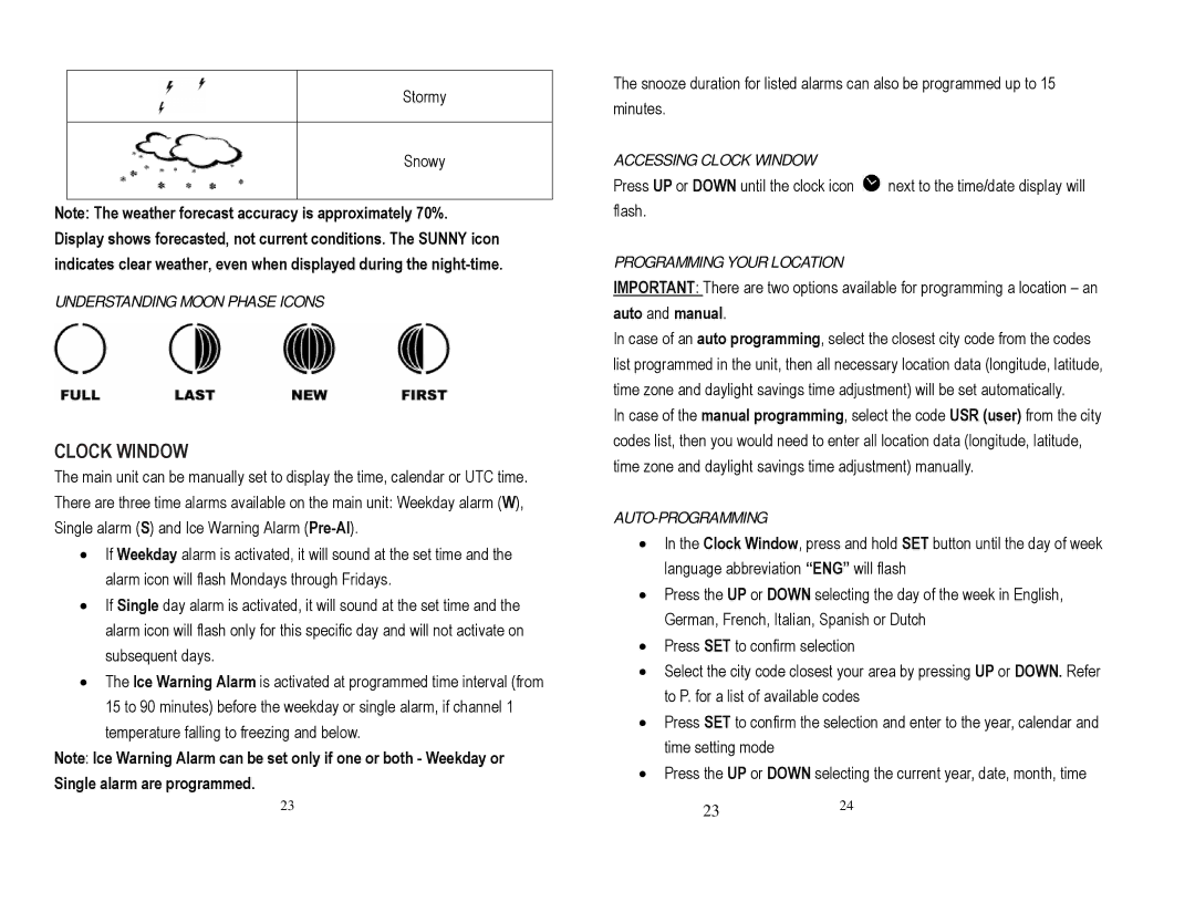 Honeywell TS815 Understanding Moon Phase Icons, Accessing Clock Window, Programming Your Location, Auto-Programming 