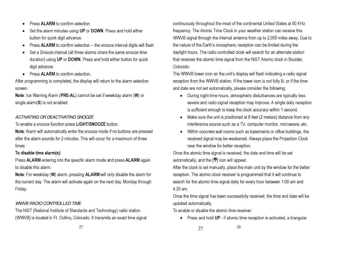 Honeywell TE852W, TS815, TE852ELW Activating or Deactivating Snooze, To disable time alarms, Wwvb Radio Controlled Time 