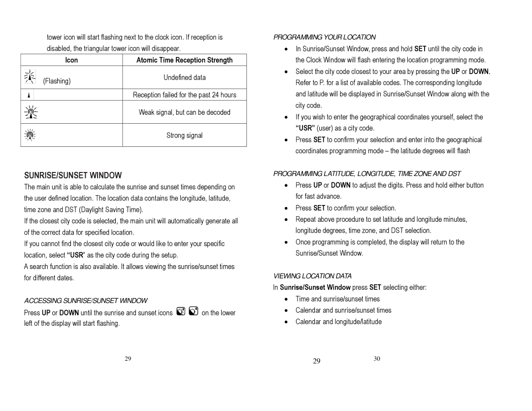 Honeywell TS815, TE852ELW Icon Atomic Time Reception Strength, Accessing SUNRISE/SUNSET Window, Viewing Location Data 