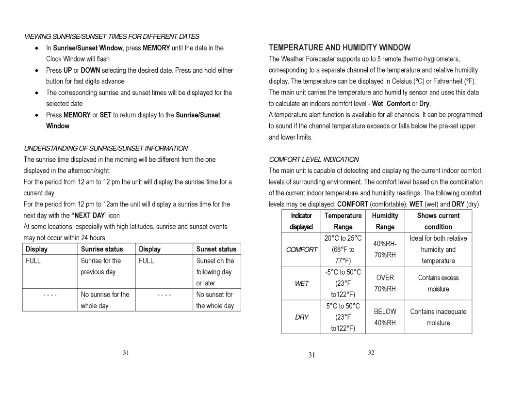 Honeywell TE852ELW, TS815, TE852W user manual Temperature and Humidity Window 