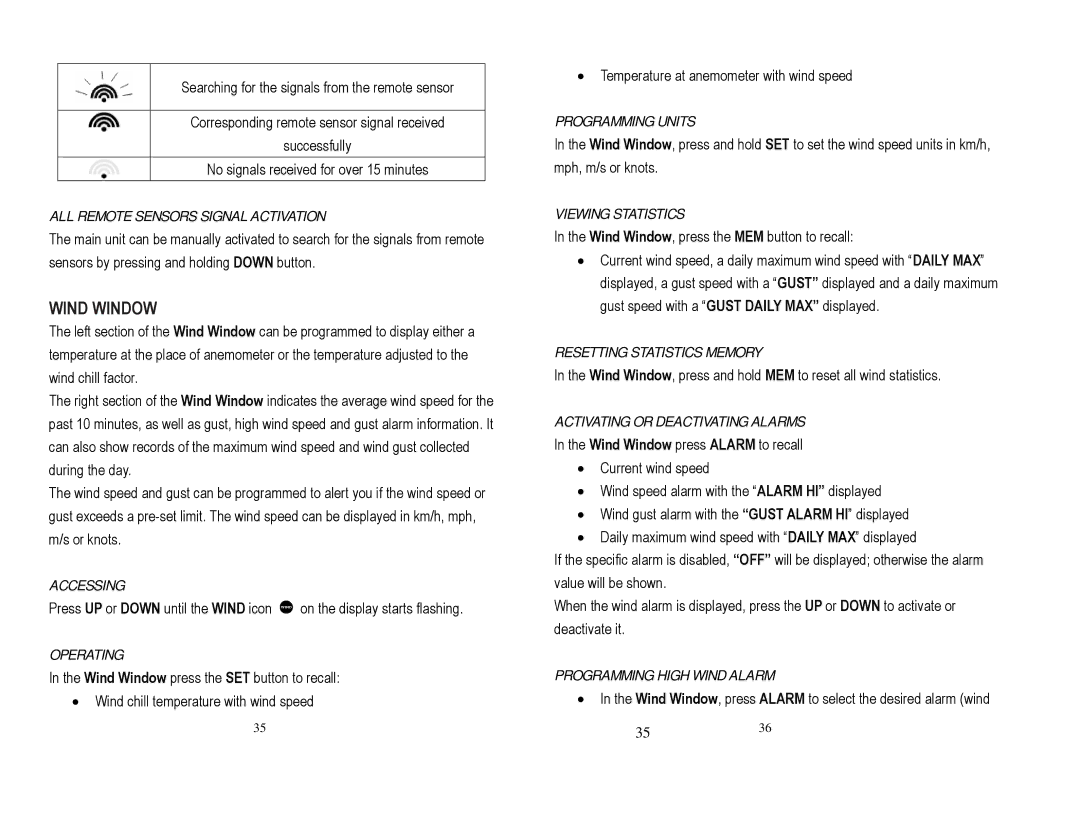 Honeywell TS815, TE852ELW, TE852W user manual Wind Window 