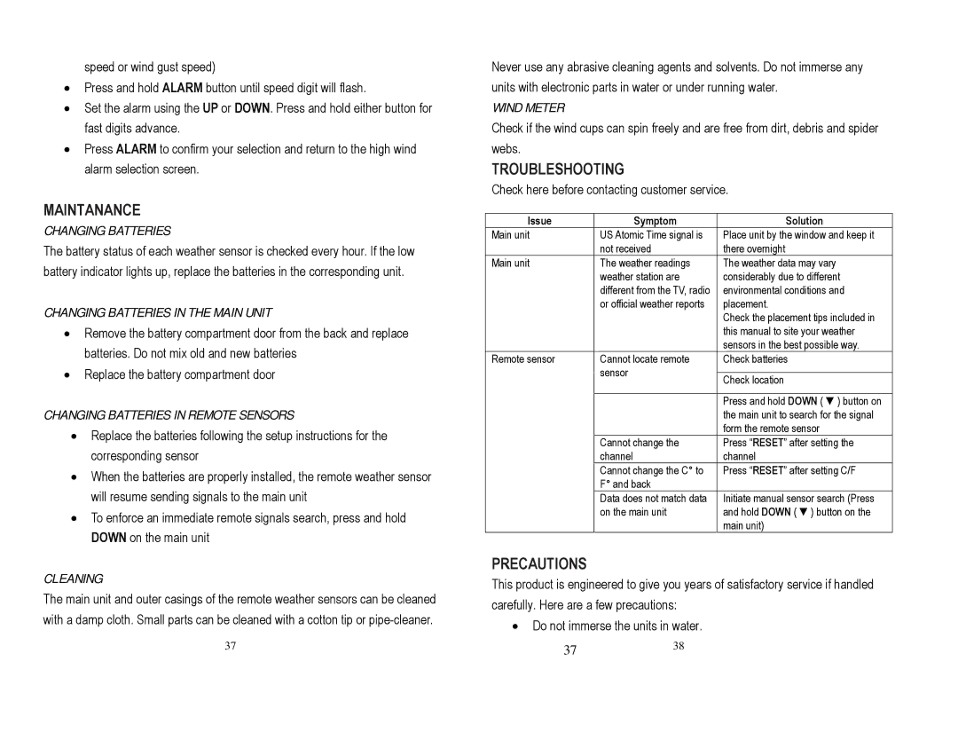 Honeywell TE852ELW, TS815, TE852W user manual Troubleshooting, Maintanance, Precautions 