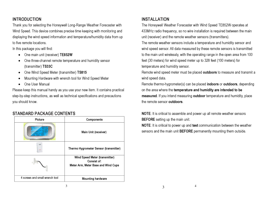 Honeywell TE852W, TS815, TE852ELW user manual Introduction, Standard Package Contents, Installation 