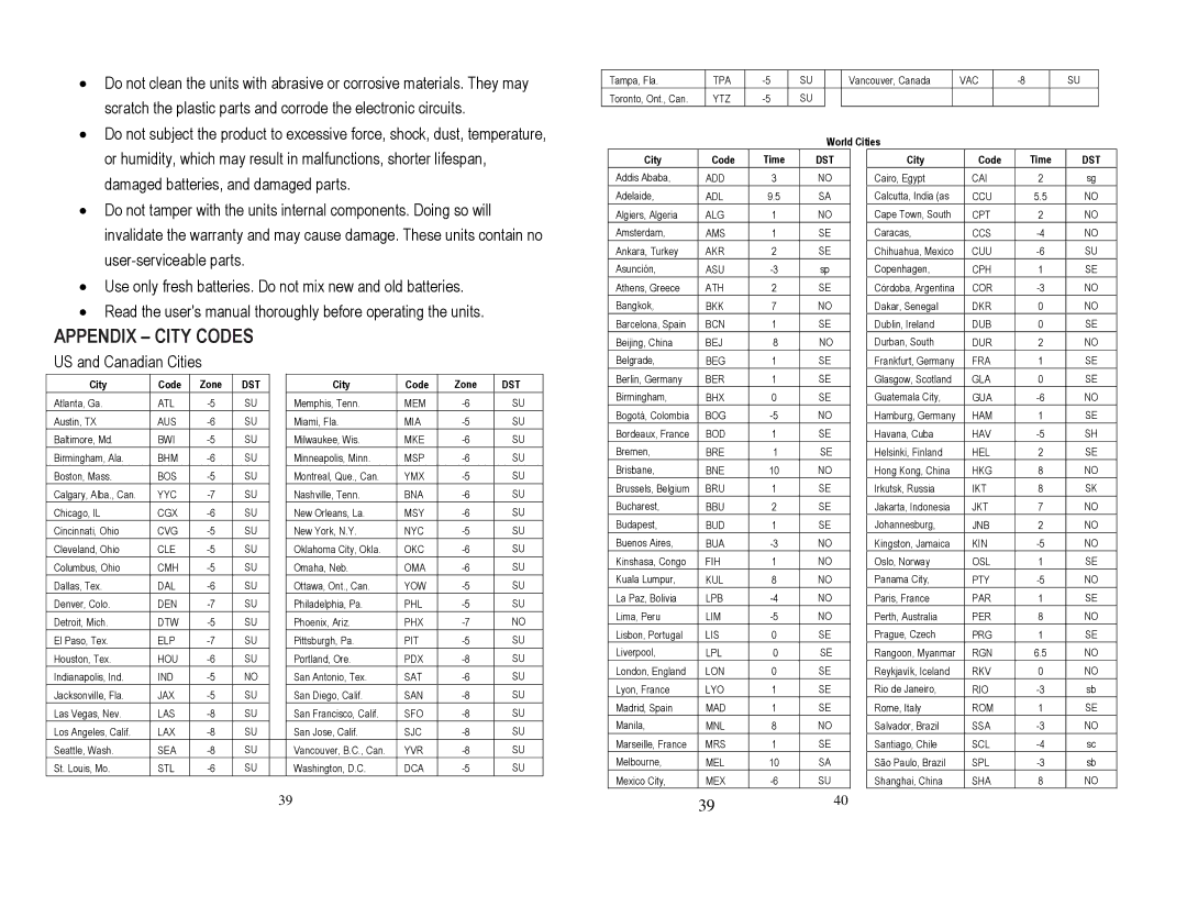 Honeywell TE852W, TS815, TE852ELW user manual Appendix City Codes, Use only fresh batteries. Do not mix new and old batteries 