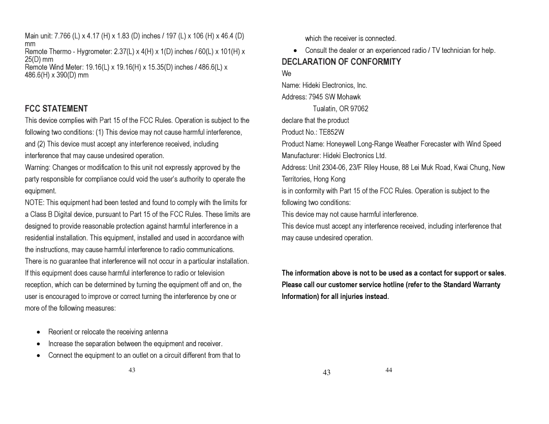 Honeywell TE852ELW, TS815, TE852W user manual FCC Statement, Declaration of Conformity 