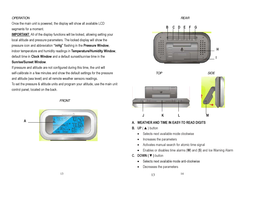 Honeywell TE852ELW, TS815, TE852W user manual Front Rear, D E F G, TOP Side, JK LM Weather and Time in EASY-TO Read Digits 