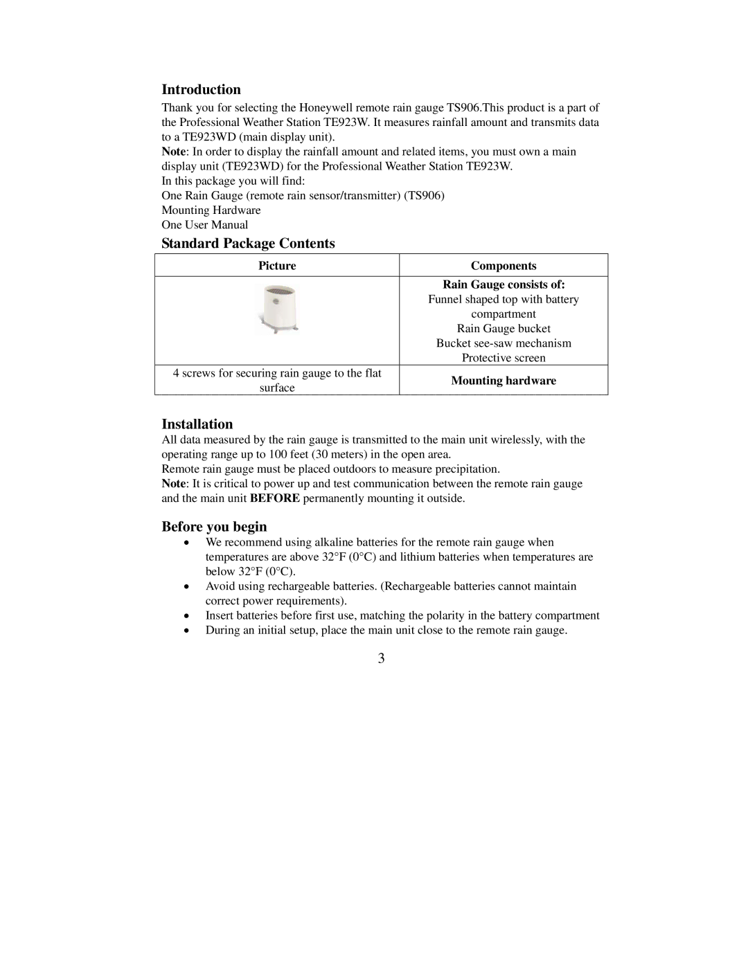 Honeywell TS906 user manual Picture Components Rain Gauge consists, Mounting hardware 