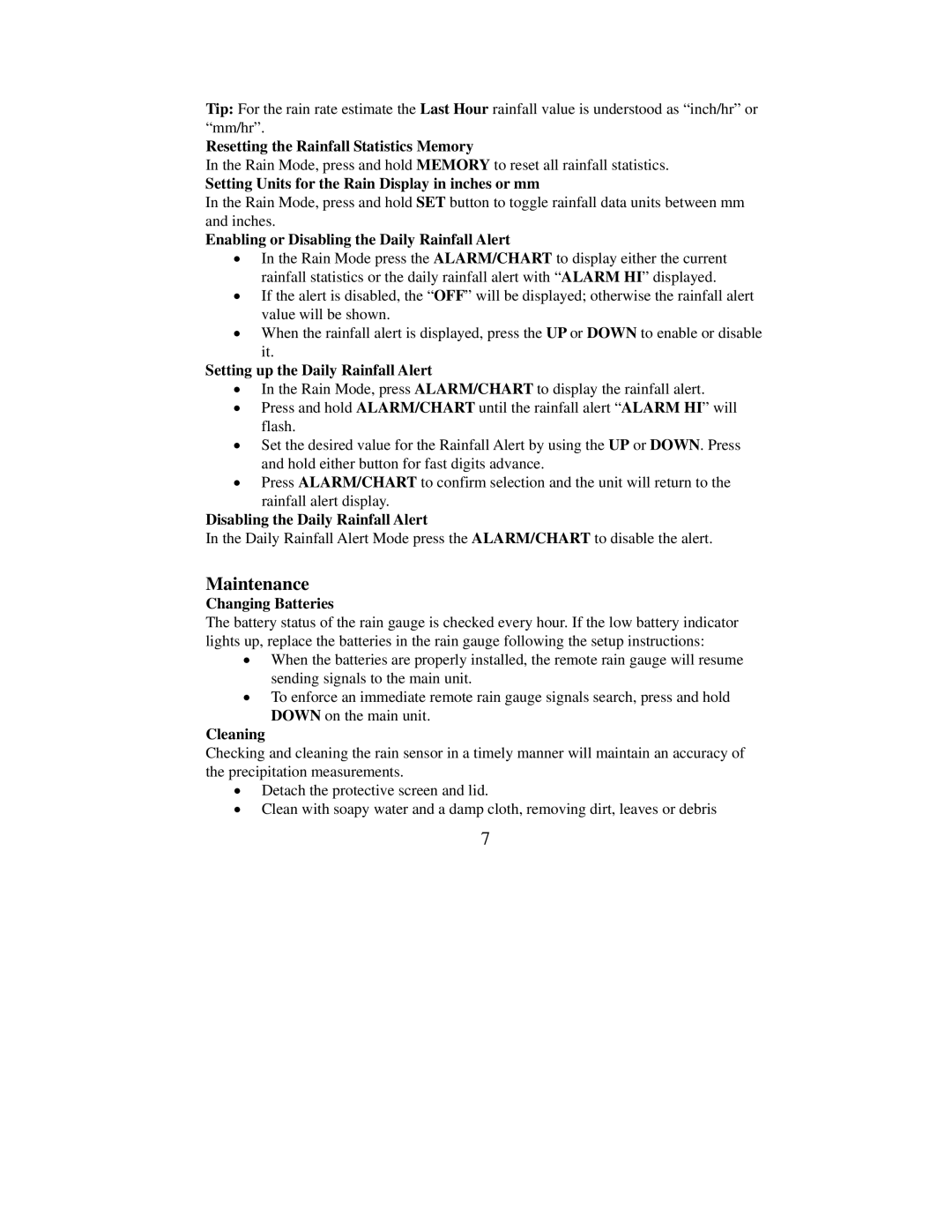Honeywell TS906 Resetting the Rainfall Statistics Memory, Setting Units for the Rain Display in inches or mm, Cleaning 