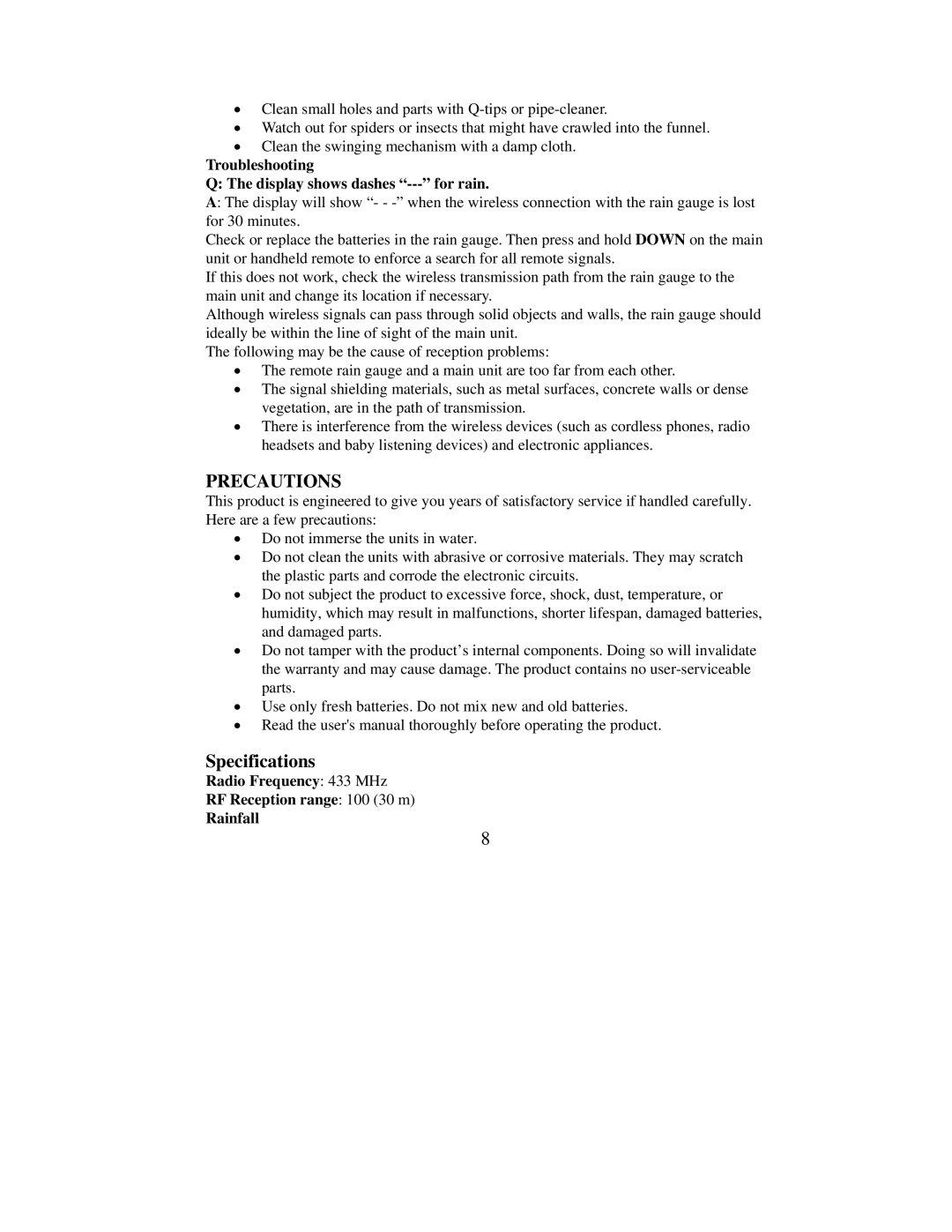 Honeywell TS906 user manual Troubleshooting Display shows dashes --- for rain 