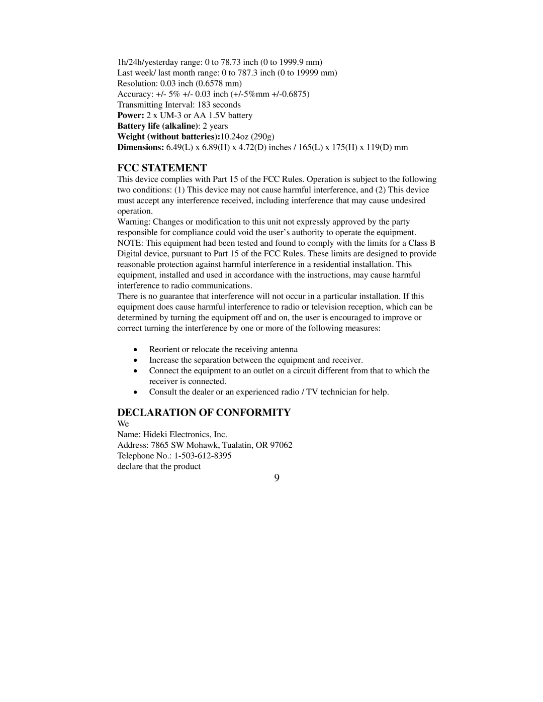 Honeywell TS906 user manual FCC Statement 