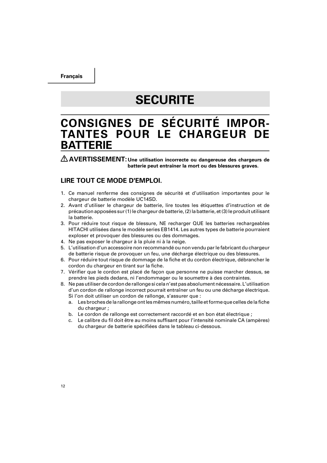 Honeywell UC 14SD instruction manual Securite, Lire Tout CE Mode Demploi 