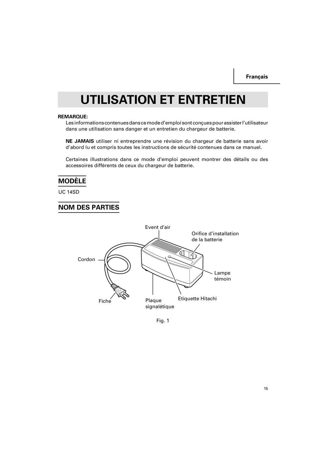 Honeywell UC 14SD instruction manual Utilisation ET Entretien, Modèle, NOM DES Parties 